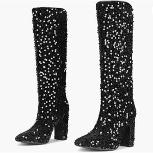 NEW knee high black sequins block heel boots